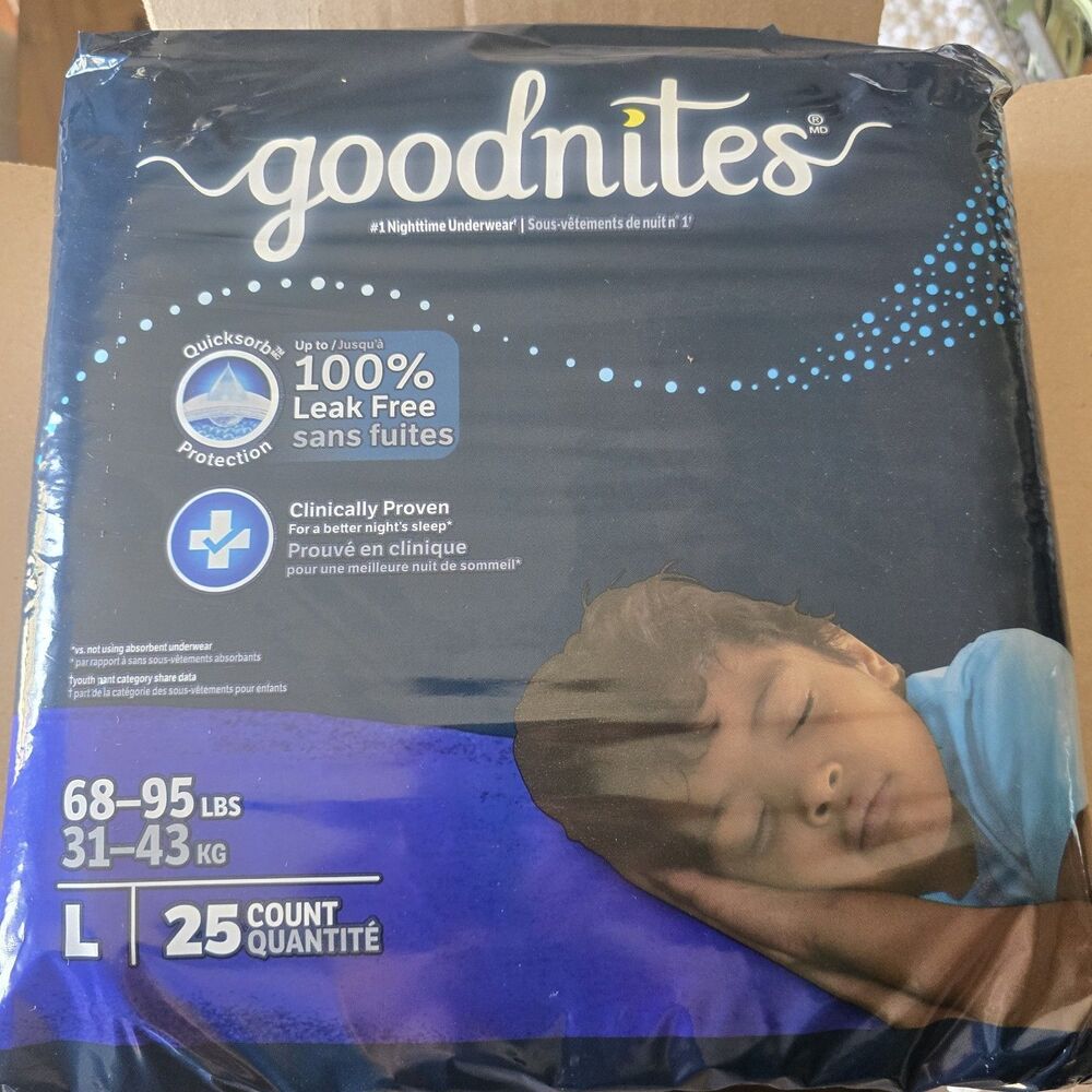 Goodnites Boys' 3-pack Nighttime Bedwetting Underwear Size L 68-95 lbs 75 Ct